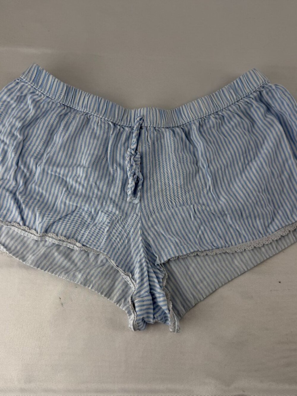 Shein Blue White Striped Drawstring Lace Trim Lounge Shorts M Seersucker Look